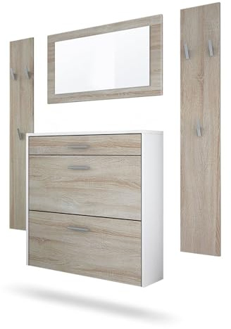 InnoFurn Garderoben-Set Roma Air 4-teilig, Moderne Flurgarderoben Set mit Schuschrank, 2 Wandpaneele und Wandspiegel für Flur & Eingangsbereich,Weiß matt/Eiche Sägerau