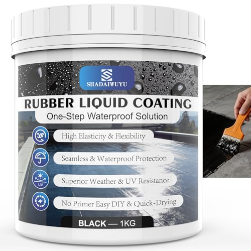 1KG Gomma Liquida Nero,Tetto Guaina Liquida Impermeabilizzante,Sigillatura Istantanea delle Perdite, Membrana Elastica Asciugatura Rapida per Tetto,Asfalto, Calcestruzzo, Metallo