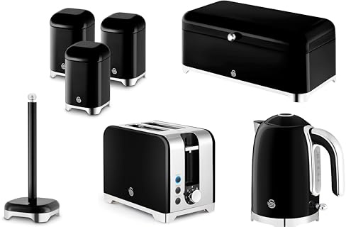 Swan Solace Black Kitchen Set - 1.7L 3KW Kettle, 2-Slice Toaster, Bread Bin, 3 Canisters & Kitchen Roll Holder. Contemporary Matching Set in Black with Chrome Accents