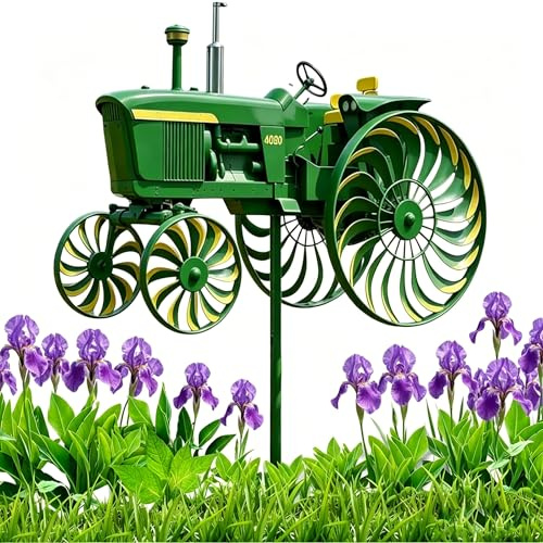 Tractor Wind Spinner, Green Windmill Garden Stake with Rotating Wheels, 3D Motion Art Sculpture for Outdoor Yard Patio Front Porch Lawn Flower Bed, Farmhouse Decor Gift