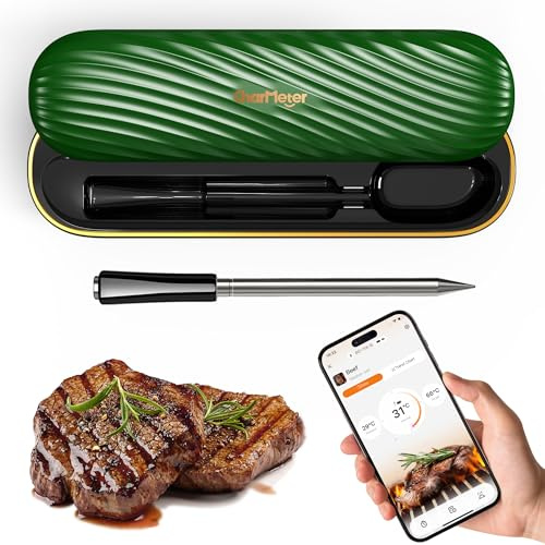 CharMeter Fleischthermometer Kabellos mit Bluetooth und App Rezepte | 150m Reichweite, Grillthermometer mit IP67 wasserfest, Bratenthermometer für Kochen, Backofen, Küche, BBQ, Grill