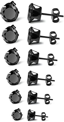 Flongo stiftörhängen knapp örhängen silver svart rund zirkon stickad kontakt fakeplugs Fake Plug tragus Piercing Stud tunnel öronpiercing öronsmycke män, kvinnor 6 par set e rostfritt stål, colore: svart, cod. PRO30208-6DEAL
