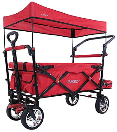 FUXTEC CT800 Red Folding Wagon for Kids to Sit In – Stroller-Style Hand Cart with Roof, Front & Rear Wheel Brakes, Solid Rubber Tyres & Interior Extension for Extra Legroom
