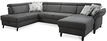 Cavadore Wohnlandschaft Ammerland mit Federkern, U-Form mit Ottomane links und Longchair rechts, inkl. Kopfteilverstellung, 317 x 84 x 193, lederoptik anthrazit