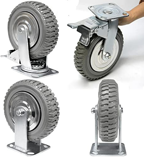 uyoyous 8 Inch Solid Caster Wheels Heavy Duty Anti-Skid Polychloride Swivel Caster Wheels with 360 Degree Ball Bearing Castors Top Plate with Brake 2 Fixed,1760 lbs Capacity (Pack of 4)
