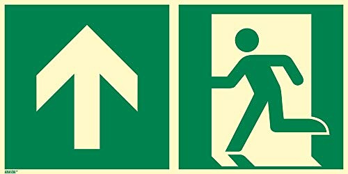 Notausgang geradeaus, durch die Tür oder aufwärts, Hart-PVC, langnachleuchtend 55/8 mcd DIN 67510 Leuchtklasse B, 600 x 300 mm gemäß ASR A1.3 / ISO 7010 E001, Rettungszeichen Schild, 60 x 30 cm