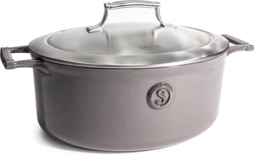 SAVEUR SELECTS Gusseiserner Kochtopf mit Edelstahldeckel, 4.7 L Volumen, Ø 30 cm, Emailliert, Spülmaschinenfest, geeignet für alle Herdarten, Backofenfest bis 260°C, induktionsgeeignet, oval, Grau