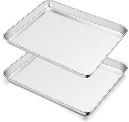 TeamFar Toaster Oven Pan Set of 2, Stainless Steel Toaster Oven Baking Tray Ovenware, 12.5’’x 9.5’’x1’’, Non Toxic & Healthy, Rust Free & Mirror Finish, Easy Clean & Dishwasher Safe