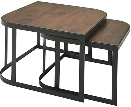 FineBuy Couchtisch 2er Set Mango Massivholz/Metall Wohnzimmertisch Braun, Industrial Satztisch Beistelltisch Metallbeine Schwarz, Tischset 2-teilig Satztisch Holz