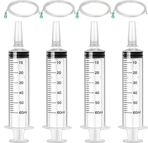 4 Stück Spritze, 60 ml Großer Plastikspritze mit Schlauch für Scientific Labs, Gartenbewässerung, Messflüssigkeiten, Motoröl oder Bremsflüssigkeit
