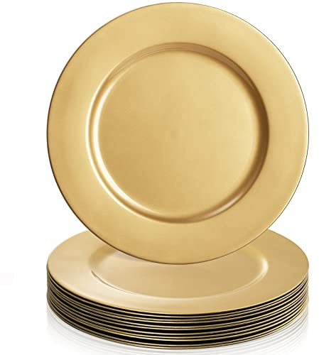 ZEAYEA 12 Pack Gold Charger Plates, 13 Inch Plastic Round Dinner Charger Plates for Wedding Party, Elegant Tabletop Decor