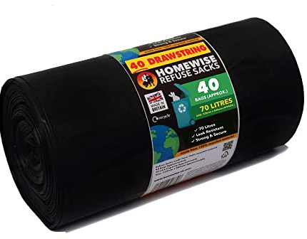 Homewise 40 Müllbeutel mit Kordelzug, strapazierfähig, 70 l, Müllbeutel, Müllsäcke, 40 Stück, umweltfreundlich für den täglichen Gebrauch, extra starke Müllbeutel aus recyceltem Material