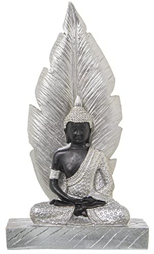 DRW Figur eines sitzenden Buddha mit Blatt aus Harz in Silber und Braun, 15 x 7 x 27 cm