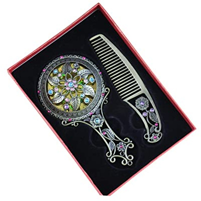 Vintage Metall Handspiegel Kamm-Set,Tragbare Eitelkeit Spiegel Kamm Set,Vintage Make-Up Spiegel mit Kamm,Antiken Kosmetikspiegel Haarbürste Reise Make-Up Tools Geschenk für Frauen Mädchen (Bronze)