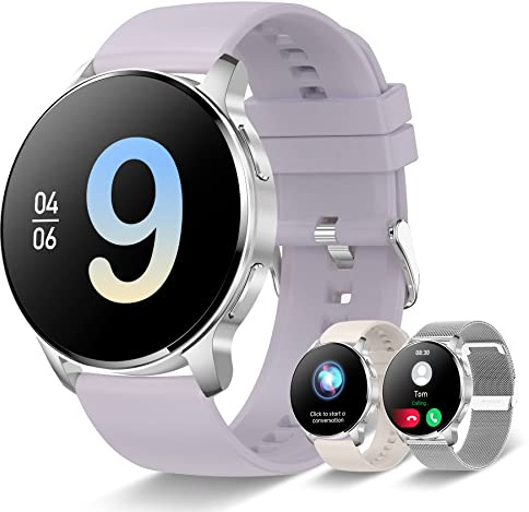 Montre Connectée Femme avec Appel Bluetooth, 1.32 Smartwatch avec Fonction Féminine Fréquence Cardiaque Sommeil Podometre SpO2 Pression artérielle, Etanche Montre Sport Ronde pour Android iOS Argent