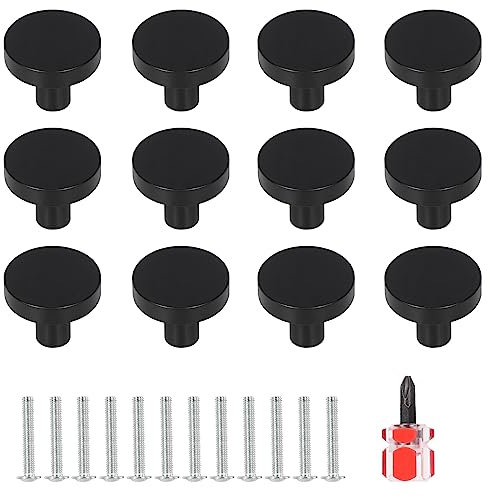 12 Stück Schrankknöpfe Schwarz, Runde Möbelknöpfe Schwarze mit Installationswerkzeuge, Matt Gebürstet Schrankgriffe, Küchenknöpfe Türknauf mit Schrauben für Schrank, Schublade