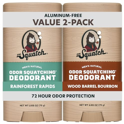 Dr. Squatch Natural Men’s Deodorant – Aluminum Free Natural Deodorant Men with Charcoal & Postbiotics for 72-Hour Odor Protection – Rainforest Rapids + Wood Barrel Bourbon, 2.65oz Stick (2-Pack)