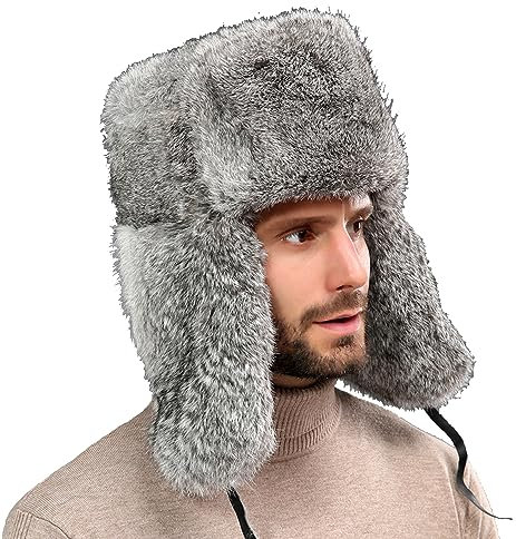 BSYLOO Earflap Trapper Hat für Winter Aviator Winddicht Hut Ski Trooper Hut Kappe Faux Kaninchen Pelz Bombermütze für Männer Frauen, GRAU, S-XL