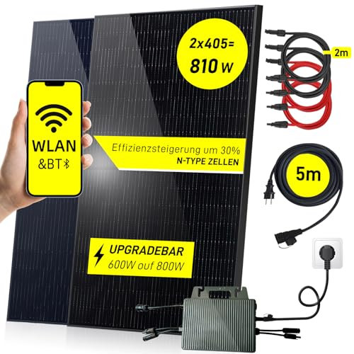 Solar Balkonkraftwerk 800W, 800 Watt/600 Watt Balkonkraftwerk, Balkonkraftwerk mit Speicher, 2x 405W Solarmodule, 1x Wechselrichter 800W/600W, 1x 5M Anschlusskabel, 4x Solarverlängerungskabel