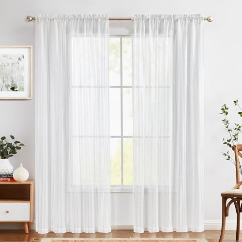 TOPICK Cortinas con Encaje Blanco con Bolsillo para Varilla Aspecto de Lino Translúcidas Aptas para Cortinas de Bistro Casa Campo Salón Ventanas Pequeñas Juego de 2 Unidades 140 x 245 cm