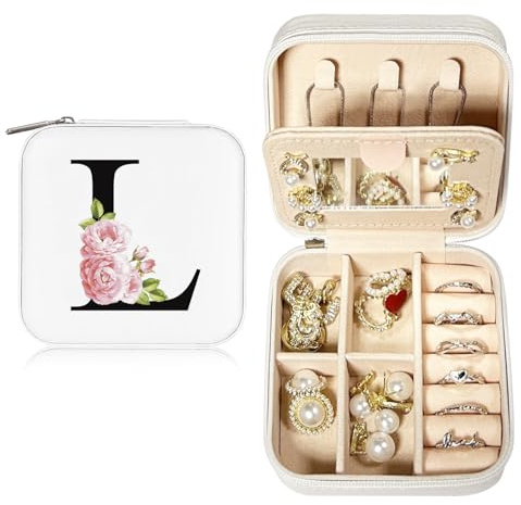 JEKUGOT Organizzatore Personalizzato per Gioielli in Alfabeto, Piccola Valigetta da Viaggio per Gioielli con Specchio, Regalo Portatile per Donne, Festa della Mamma e San Valentino