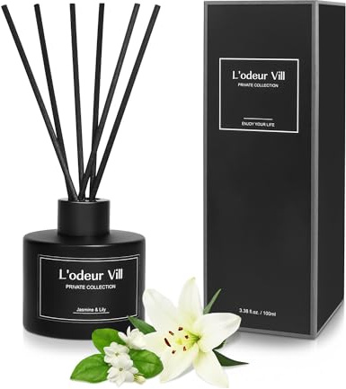 L'odeur Vill Reed Diffuser, 3.4oz(100ml) Jasmine & Lily Reed Diffuser Set with 6 Oil Diffuser Sticks, Matte Black Aroma Scent Diffuser, Long Lasting Home Fragrance for Bathroom Shelf Decor