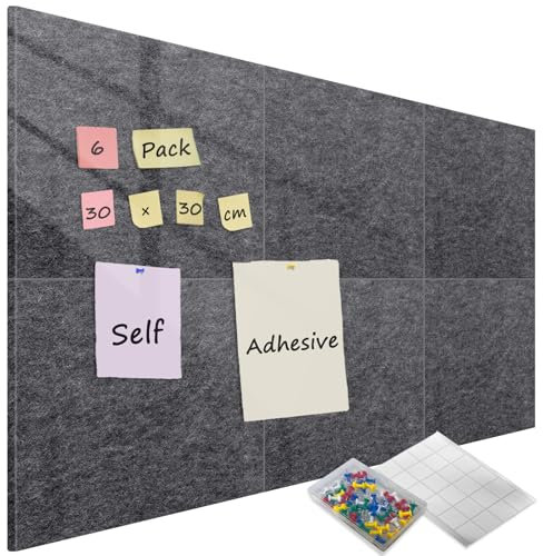 Sliandtelly 6 Stück Pinnwand Filz, 12 mm dick Pinwand Korkwand selbstklebend mit 60 Pins, Wand Filzboard Korkplatten Memoboard Bulletin Board deko für Zuhause Küche Büro Schule, 30 x 30 cm Dunkel Grau