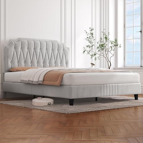 Yaheetech Cama Tapizado en Terciopelo Cama de Matrimonio con Cabecero Ajustable en Altura Marco de Cama Soporte con Listones de Madera 140 × 200 cm Beige