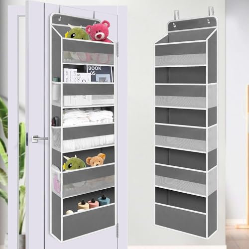 Over The Door Organiser Storage with Hooks, 5-Shelf Hanging Storage Pockets, Back Door Storage with Perspective Grids, and 6 Side Mesh Pockets
