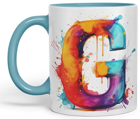 Vixar Letter G Mug, Alphabet Letter G Monogram Watercolour Ceramic Coloured Mug Cup for Tea Coffee Hot Brew 330ml 11Oz Gift (Turquoise)