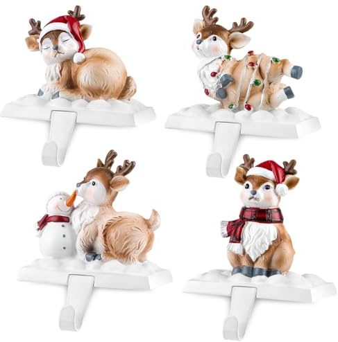 EBANKU Weihnachtsstrumpf Aufhänger für Kamin, 4 Stile Strumpfhalter weihnachtlichem Elch-Hakenmuster, Kaminsims, rutschfeste, stabile Kaminsims Strumpfhaken für Weihnachtsgeschenke Heimdekoration