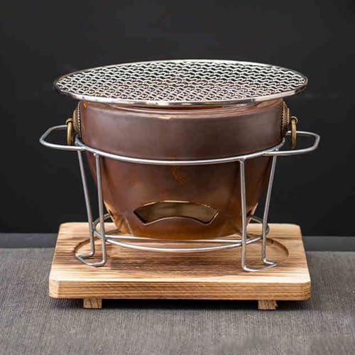 1 Set Holzkohleofen aus Ton, Keramischer Holzkohleofen für Den Innenbereich, Ton Grillofen für Den Tisch, mit Holzpolstern und Grill, Metallgitter, zum Kochen und Teekochen(Brown)