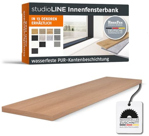 HausFux studioLINE MDF-Innenfensterbank nach Maß - 1,8 cm stark, melaminbeschichtet, mit ABS-Kante - Made in Germany - individueller Zuschnitt (Eiche Style Zimt, T x L | 30 x 80 cm)