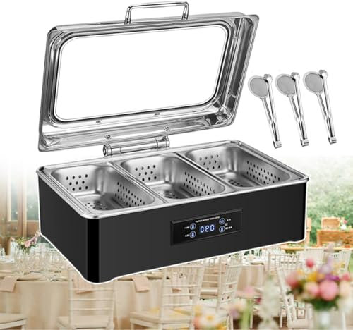 forplubossmmp Scaldavivande Elettrico per Buffet per Feste di Catering, Tavolo da Vapore per Alimenti da 500 W E Scaldavivande con Coperchio Trasparente E Pannello di Visualizzazione Digitale,3-Grid