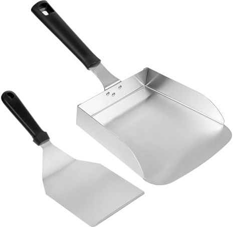 2 Pcs Large Griddle Scoop and Wide Smash Burger Spatula. Stainless Steel Griddle Food Mover. BBQ Grill Food Shovel for Fried Food, Stir Fry, Hibachi Tools, Silver
