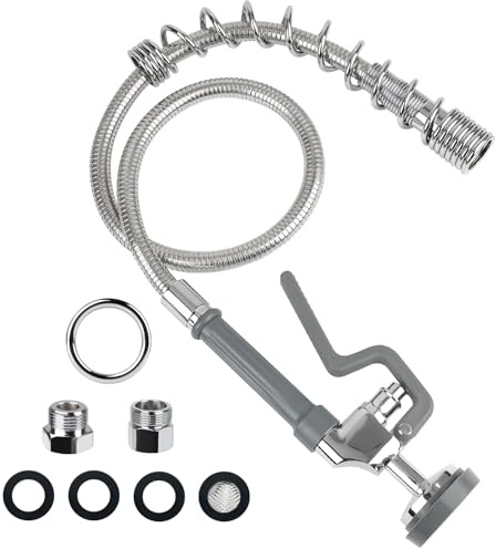 Spray Valve with 44inch Flexible Hose & Pre Rinse Spring Replacement Kit for Commercial Kitchen Sink Faucet 1.42GPM High-Pressure Restaurant Dish Sprayer Stainless Steel Hose & Overhead Spring (Grey)