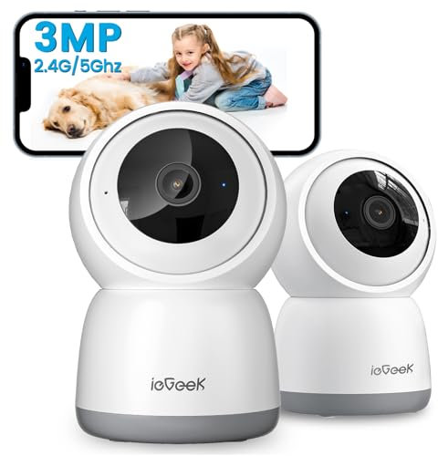 ieGeek 2K 3MP Indoor Camera No Monthly Fee, 2.4G/5Ghz WiFi Pet Camera, Plug-in 24-hour Security Camera, Night Vision, 360° PTZ, Motion Detection, Auto-Tracking, Two-Way Talk, Cloud/SD, Alexa, 2PCS