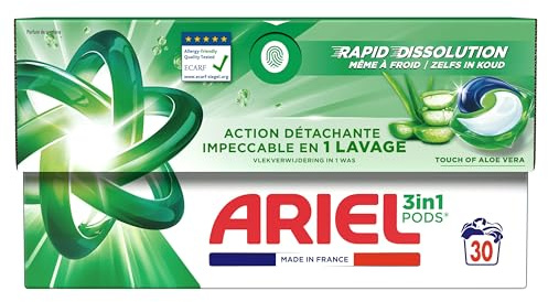 Ariel 3en1 PODS, Lessive Liquide En Capsules 30 Lavages, Touche d’Aloe Vera, Élimination Impeccable Des Taches En Un Seul Lavage, Dissolution Rapide
