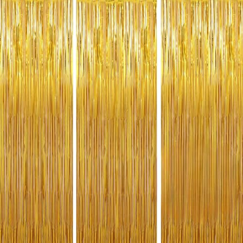 Lametta Vorhang Gold 3 Stück (1m x 3m), Glitzervorhang Metallic Vorhänge Folie Fransen Dekoration für Party Deko Geburtstagsfeier Foto Hintergrund Hochzeit Bühnendekor Disco Weihnachten Baby