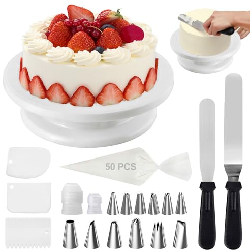 BAIFULAI Tårttallrik, roterbar, 28 x 7 cm tårtskiva 360 graders vridbar, tårta, vridplatta, 70 stycken, tårttillbehör, set med roterande tallrik, tårtskrapa, tårtspritspåsar, kakspatel, kopplingar