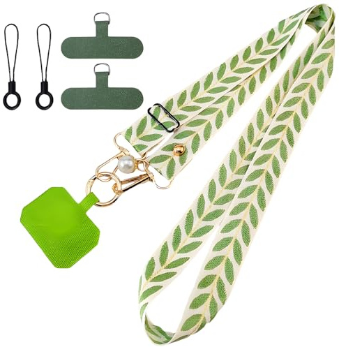 VEGCOO mobile phone lanyard set universal mobile phone chain grape leaves pattern shoulder band with pearls elegant smartphone cross strap with golden buckle for women and men outdoor, travel