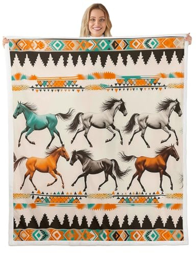 Loussiesd Cobija de forro polar con diseño de caballo galopante bohemio a rayas para adultos, niños y niñas, estilo rústico, manta de felpa verde y naranja mullida para sofá cama, individual, 50 x 60