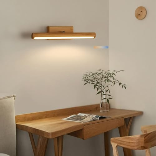 TZSMUM LED Spiegelleuchte Wandlampe Indoor Holz Wandleuchte 3 Farbmodi 2700K/4500K/6500K Wandbeleuchtung 180° Drehbar Wandleuchten für Schlafzimmer Spiegellampen Schminklicht (Helles Holz,40cm)