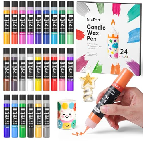 Nicpro Kit Pittura Candela 24 Colori X 30 ml, Penne Per Candela, include Glitter Argento & Oro, Colori Luminosi, Effetto 3D, Non Tossico, Vernice Decorare per Compleanni, Pasqua, Candele Di Natale