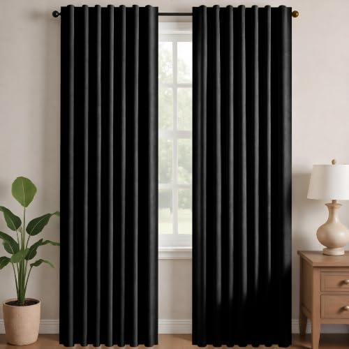 Deconovo Verdunkelungsvorhänge Blickdichte Gardinen mit Kräuselband Schlaufen Vorhang 3-in-1 Thermo Vorhänge gegen Hitze Curtains für Wohnzimmer Schlafzimmer, H240 x B140 cm, Schwarz, 2er Set