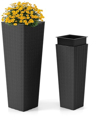 RELAX4LIFE Lot de 2 Pot de Fleur Haut 80&60 CM, Pot de Fleur Carré en Rotin PP Résistant, Soucoupe, Trou de Drainage, pour Extérieur et Intérieur, Salon, Jardin, Entrée (Noir)