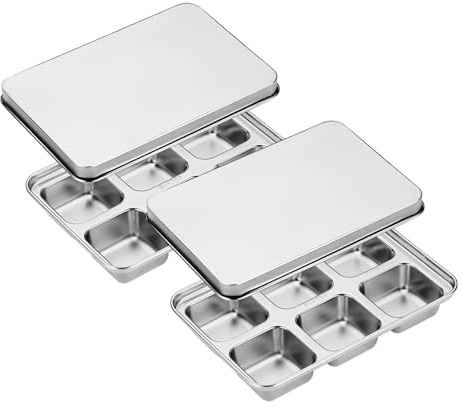 2 piezas Bandejas de cubos de hielo de acero inoxidable 6 Compartimento de alimentos Cube de hielo con tapa, moldes reutilizables para congelador, chocolate, vino, cerveza, yogurt, cubos de frut