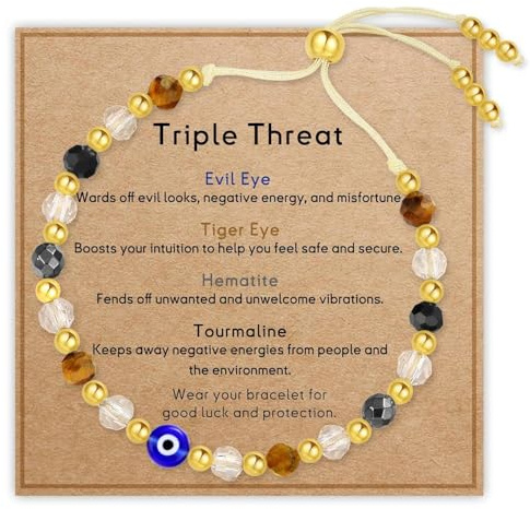 Tastetreasure Evil Eye Protection Bracelet for Women & Men, Adjustable Gold Beaded Bracelet with Tiger Eye, Hematite & Tourmaline Stones