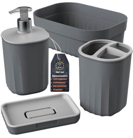 Engelland - Badezimmer Set, 4-teilig mit Seifenspender, Seifenschale, Zahnbürstenhalter und Organizer, modernes Design, robuster Kunststoff, BPA-frei, Rillen-Optik, Anthrazit