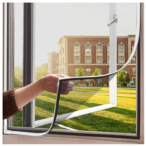 OWYR Mosquitera magnética para ventana, 115 x 125 cm, marco blanco, red gris | Mosquitera para ventana, ajustable, malla de plástico fina, red de fibra de vidrio, mosquitera para ventana de techo